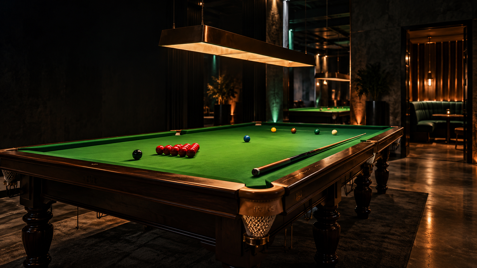 Atmosphere concept of a snooker lounge with green tables and warm lights.